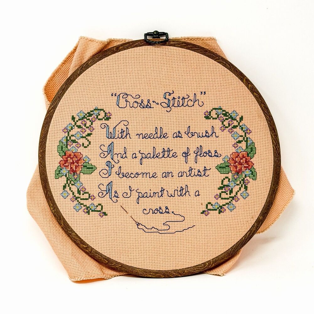 Vintage Cross Stitch Needlepoint Poem Sampler Floral Folk Art Hoop Wall Decor